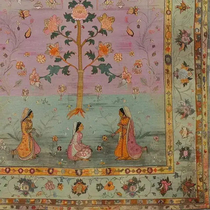 A beautifully detailed hand-knotted area rug featuring a mythological tapestry design. The vintage rug showcases a rich scene with elegant figures and intricate floral patterns, perfect for adding a touch of Persian elegance to large living room spaces.