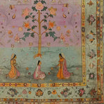 A beautifully detailed hand-knotted area rug featuring a mythological tapestry design. The vintage rug showcases a rich scene with elegant figures and intricate floral patterns, perfect for adding a touch of Persian elegance to large living room spaces.