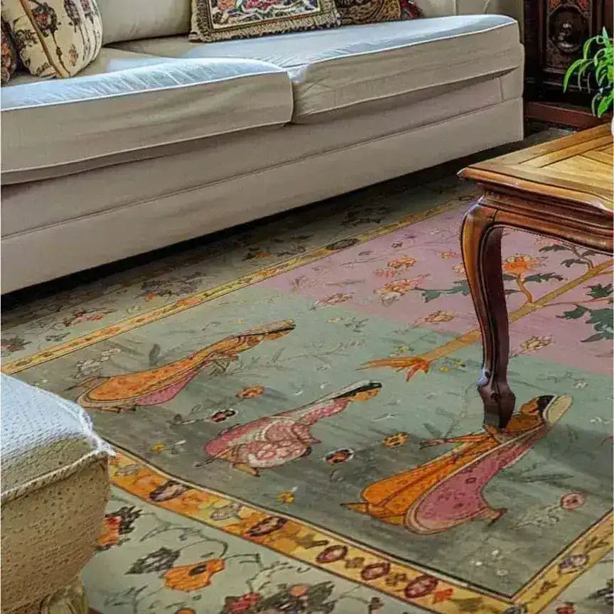 A beautifully designed Mythological Tapestry Hand Knotted Area Rug, featuring intricate patterns and vibrant colors, perfect for adding a touch of elegance to large living rooms. This vintage rug showcases Persian-inspired motifs, making it an ideal choice for those seeking unique area rugs for their living room decor.