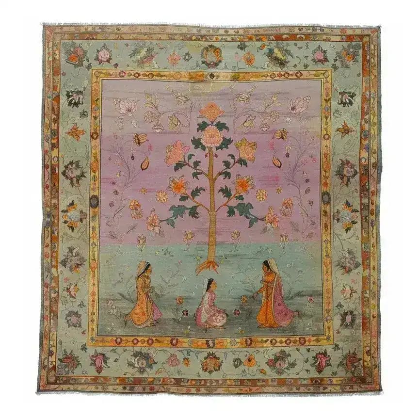 This stunning Mythological Tapestry Hand Knotted Area Rug features an intricate design with vibrant colors and detailed depictions of figures and floral motifs. Ideal for adding a touch of elegance to large living rooms, this vintage rug showcases the timeless beauty of Persian rugs, making it a perfect choice for those seeking exquisite area rugs for living room décor.