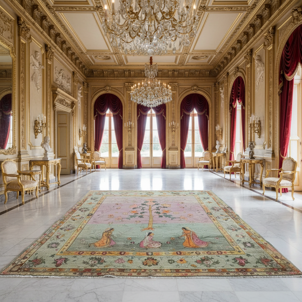 Opulent room with ornate ceiling, large windows, and a hand knotted rug.