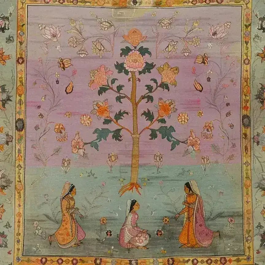 Hand-knotted mythological tapestry area rug featuring an intricate design with vibrant colors. The vintage rug displays a central tree with blooming flowers and butterflies, surrounded by three figures in traditional attire, making it a stunning centerpiece for large living rooms. This Persian-inspired area rug combines classic beauty with artistry, perfect for those seeking unique area rugs for living room decor.