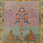 Hand-knotted mythological tapestry area rug featuring an intricate design with vibrant colors. The vintage rug displays a central tree with blooming flowers and butterflies, surrounded by three figures in traditional attire, making it a stunning centerpiece for large living rooms. This Persian-inspired area rug combines classic beauty with artistry, perfect for those seeking unique area rugs for living room decor.
