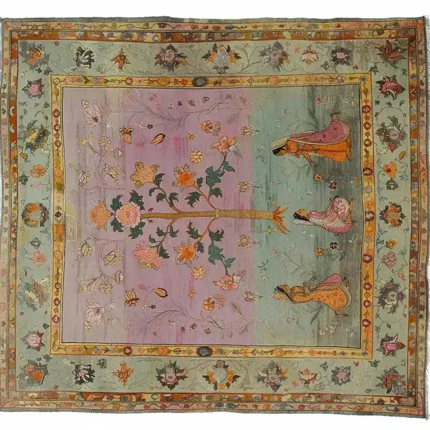 This exquisite Mythological Tapestry Hand Knotted Area Rug features a stunning array of vintage designs with intricate floral patterns and mythical figures. Perfect for large living rooms, this Persian-inspired rug combines soft pastels with detailed artistry, making it a standout piece among area rugs for living room spaces.