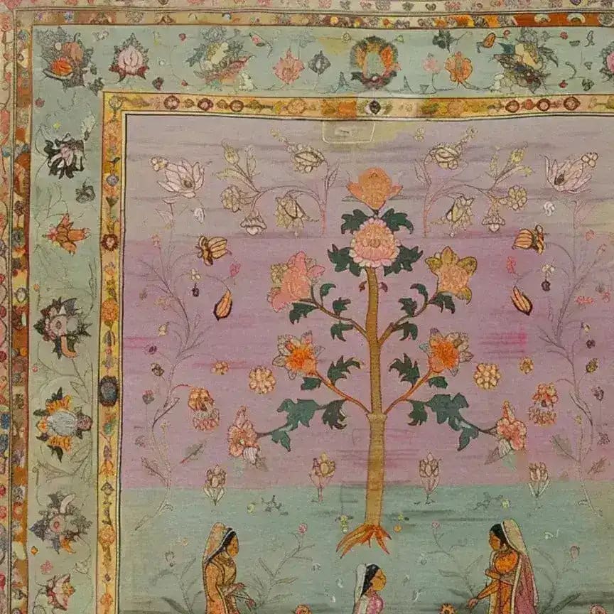 Beautifully hand-knotted mythological tapestry area rug featuring an intricate floral and figurative design. This vintage rug showcases a rich blend of colors and detailed patterns, ideal for large living rooms. With its Persian rug influence, this piece adds an elegant touch to any space.