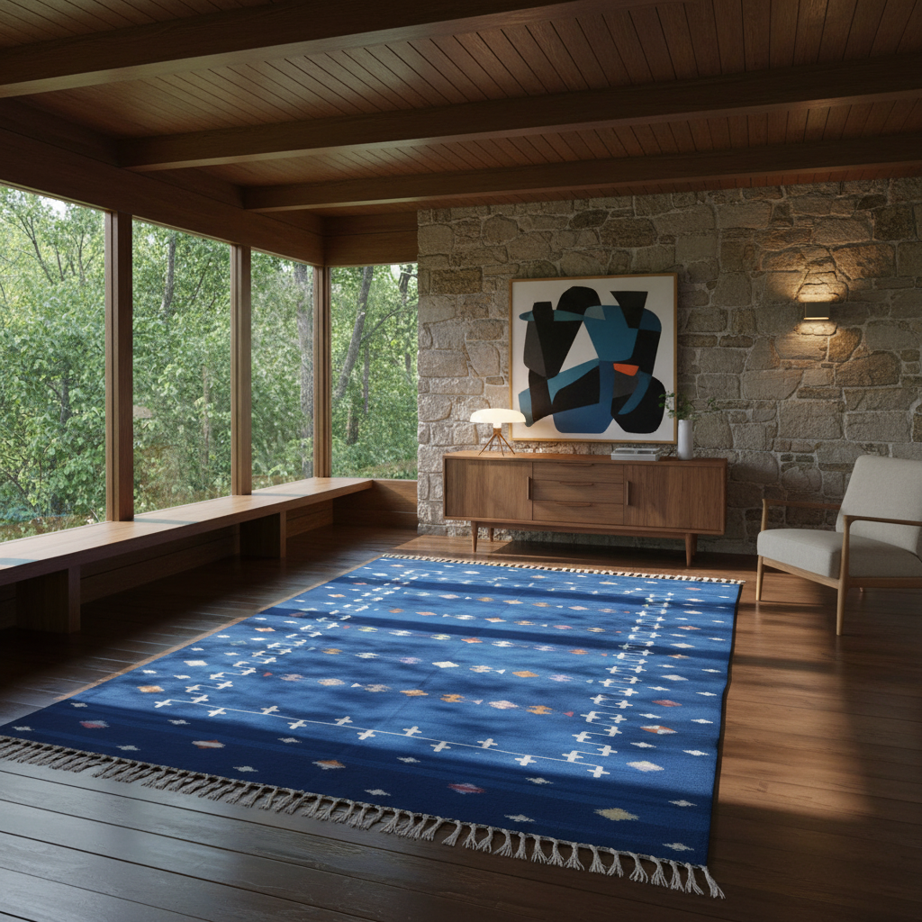 Narita Natural Vegetable Dyed Indian Dhurrie Reversible Cotton Rug - Blue