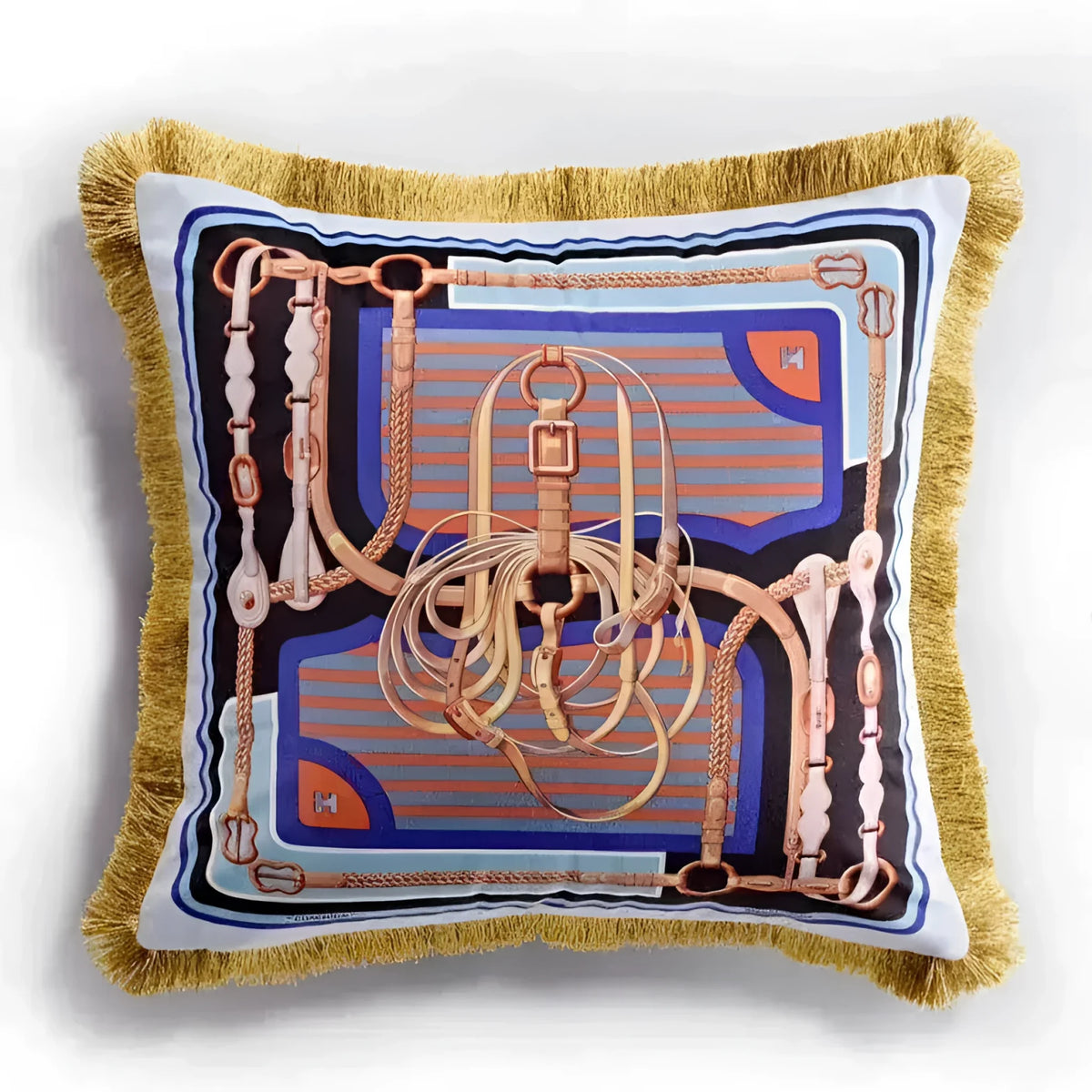 Nate Velvet Throw Pillow with fringes featuring a decorative equestrian design