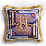 Nate Velvet Throw Pillow with fringes featuring a decorative equestrian design