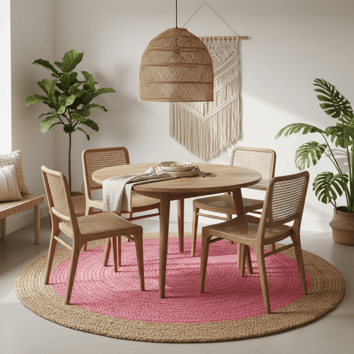 Dining room with wooden table and chairs on a pink rug, plants, and decorative wall hanging.