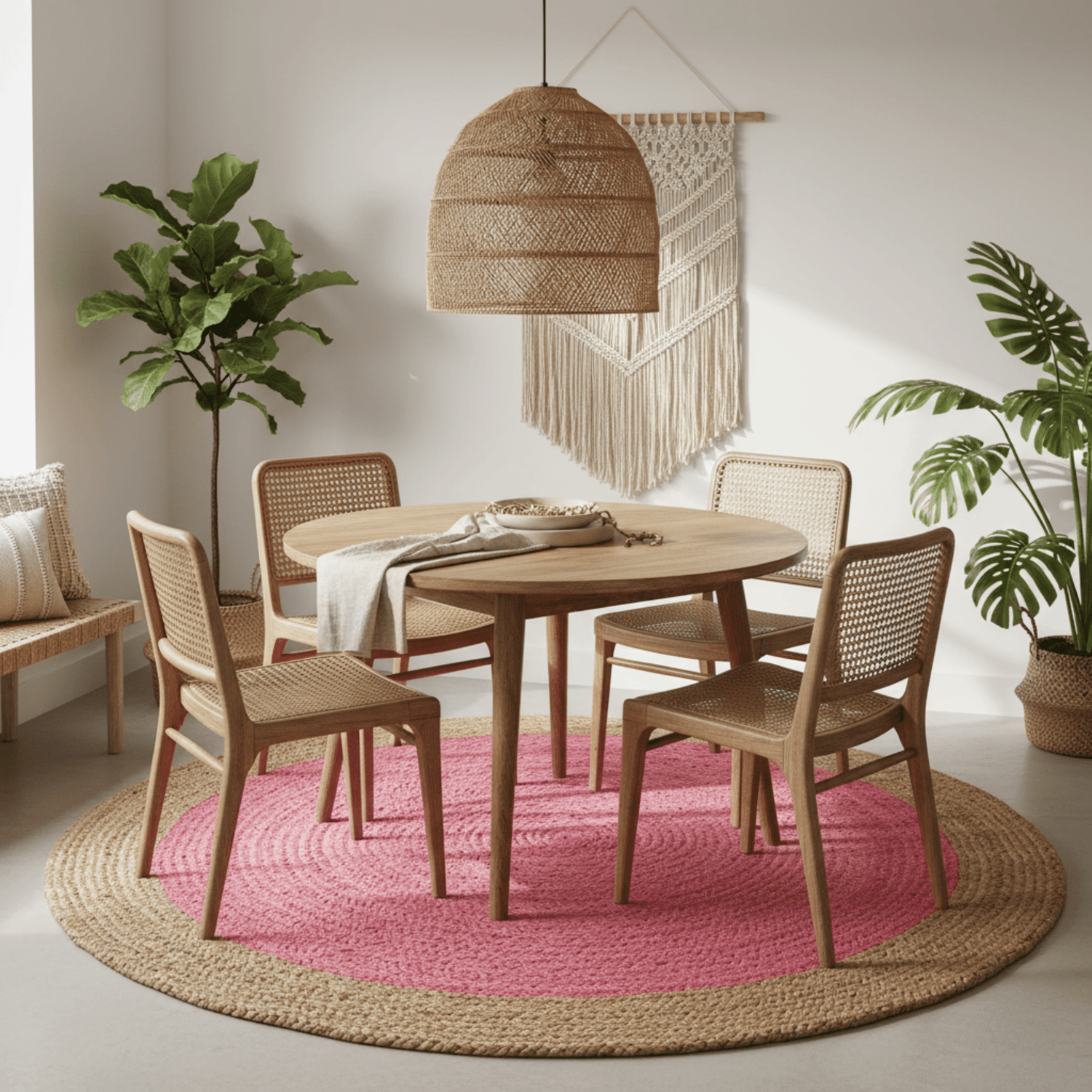 Dining room with wooden table and chairs on a pink rug, plants, and decorative wall hanging.