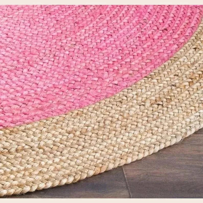 Natural Bordered Bright Pink Round Jute Rug