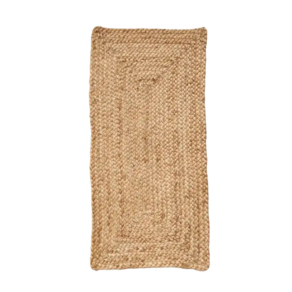 Top view of a natural braided rectangular jute area rug, perfect for use as kitchen rugs, hallway runner rug, or living room rugs 8x10. This eco-friendly jute rug adds a rustic touch to any living room or office space.