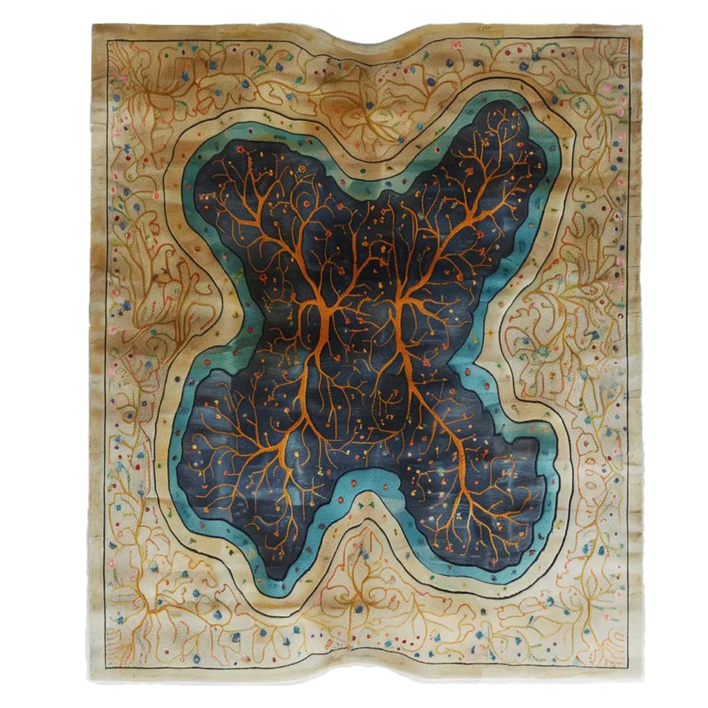 Top view of the Natural Elegance Hand Tufted Wool Rug, showcasing a stunning abstract design with branching patterns in vibrant orange and blue tones. This contemporary rug is an ideal area rug for large living rooms, offering both style and comfort with its quality wool construction.