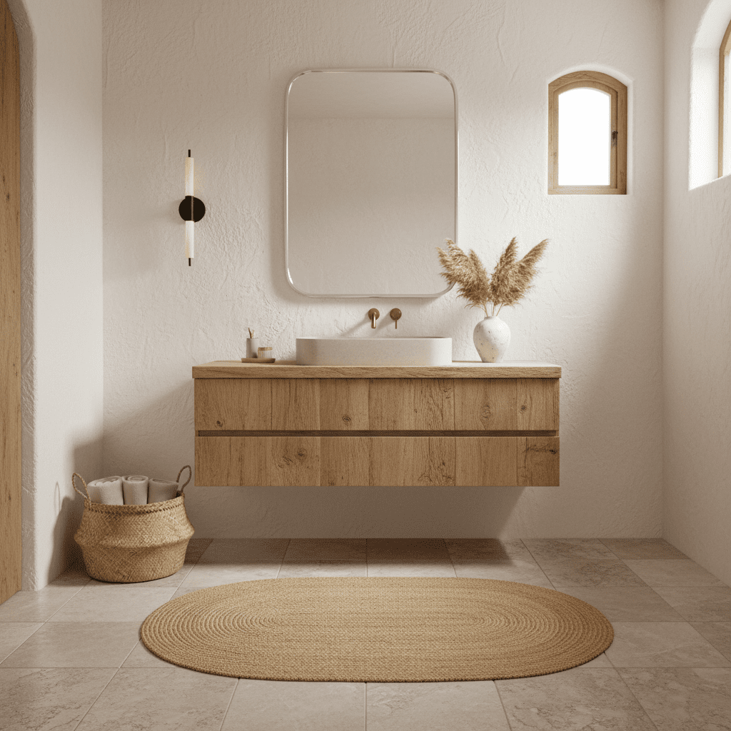 Bathroom with wooden vanity, mirror, and decorative elements.