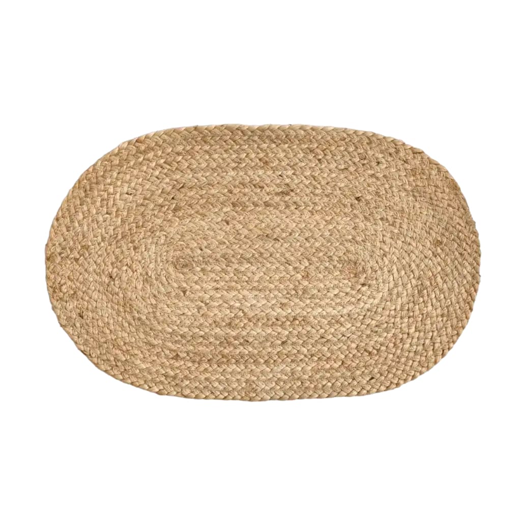 Top view of a natural oval jute area rug, perfect for adding an earthy touch to any room. Ideal for use as a kitchen rug, hallway runner rug, or bedroom rug, this jute rug brings a warm, organic feel to your living room or bedroom decor.