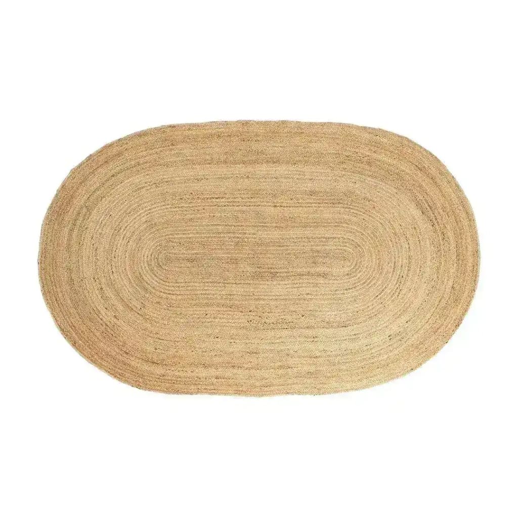 A beautifully crafted natural oval jute area rug, perfect for enhancing your living room, bedroom, or as a kitchen runner rug. This versatile jute rug features a classic woven design, making it an excellent choice for a bathroom runner rug or hallway runner rug.
