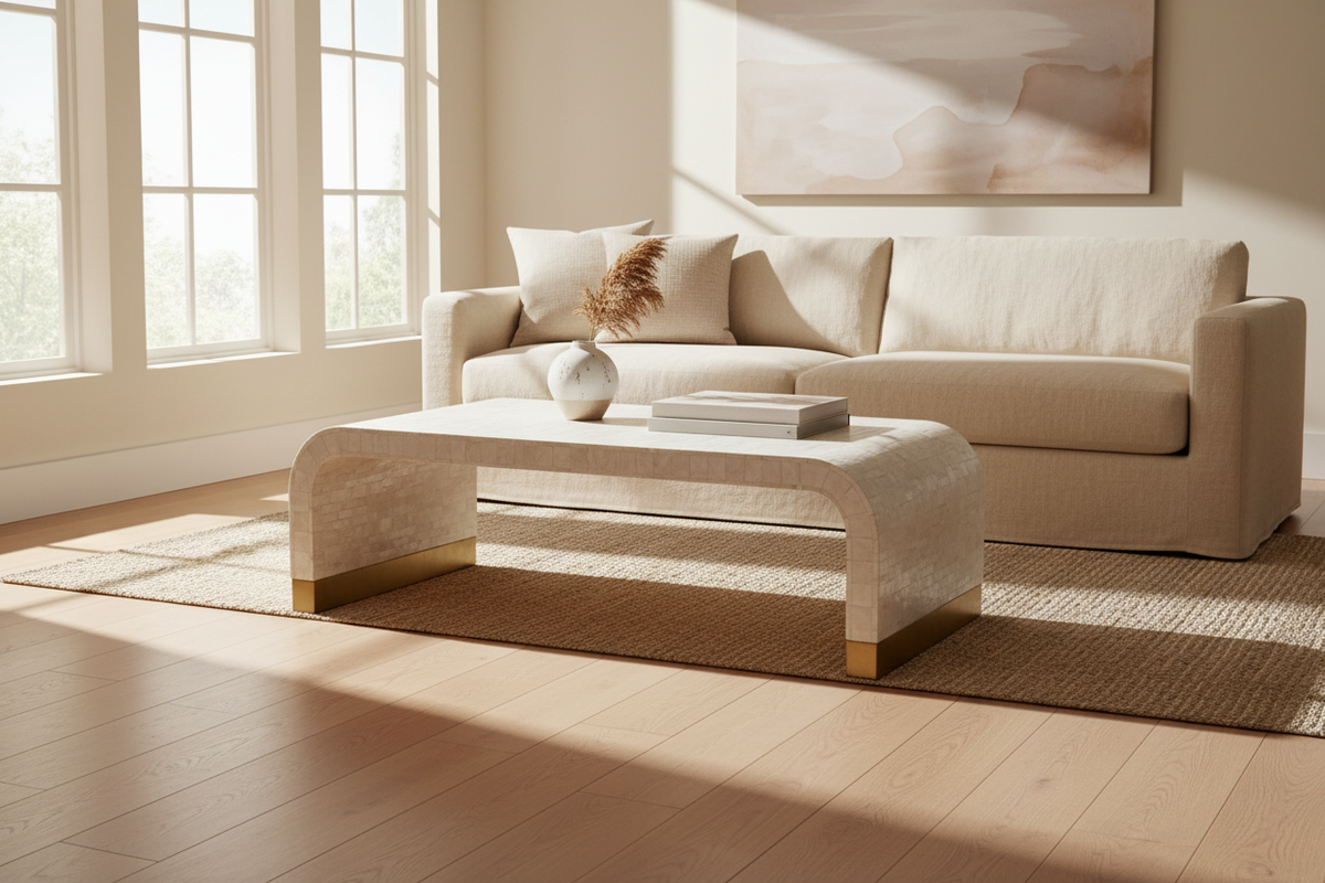 Natural stripe waterfall bone inlay coffee table with brass feet in front of a cream sofa.