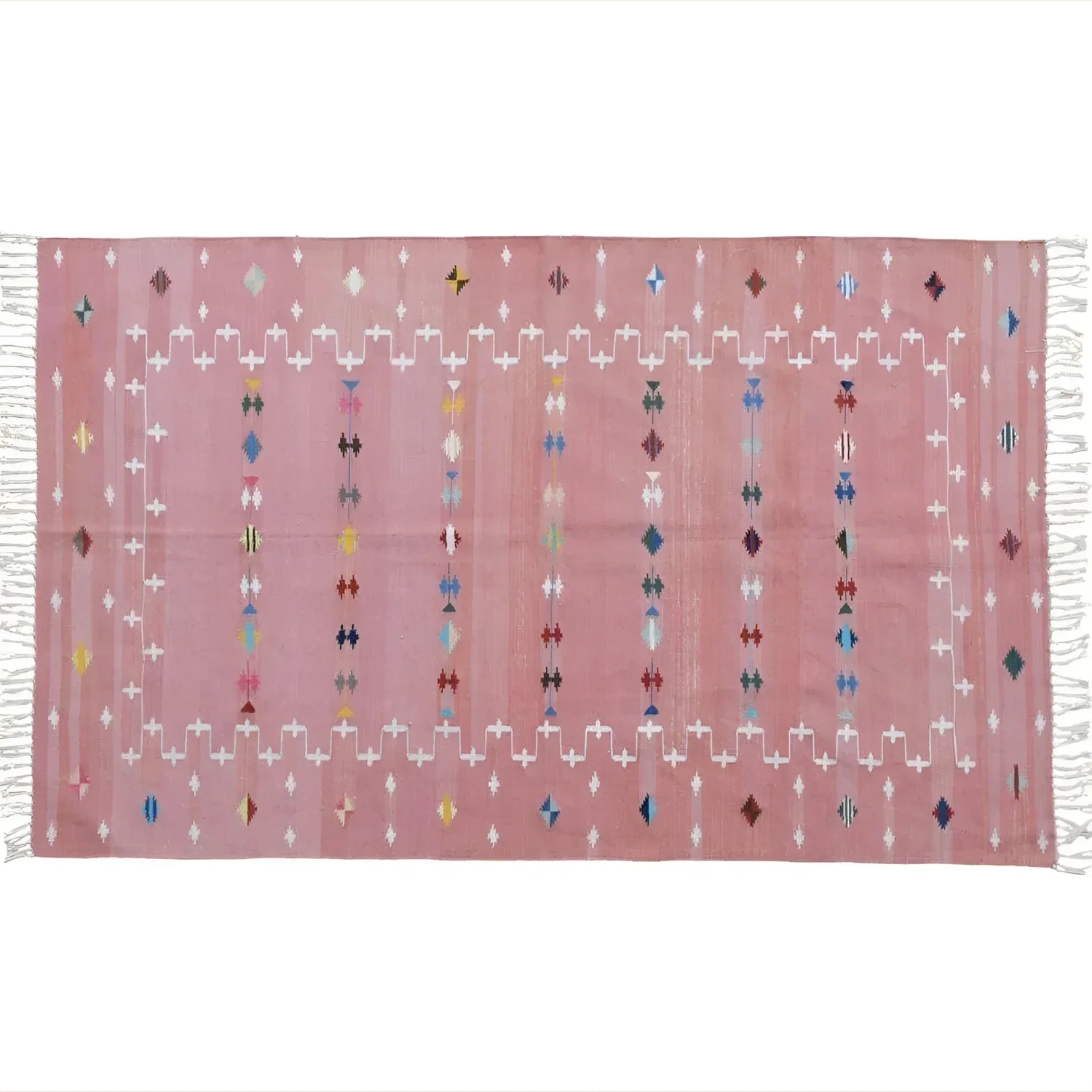 Natural Vegetable Dyed Indian Dhurrie Reversible Cotton Rug - Blush Galaxy