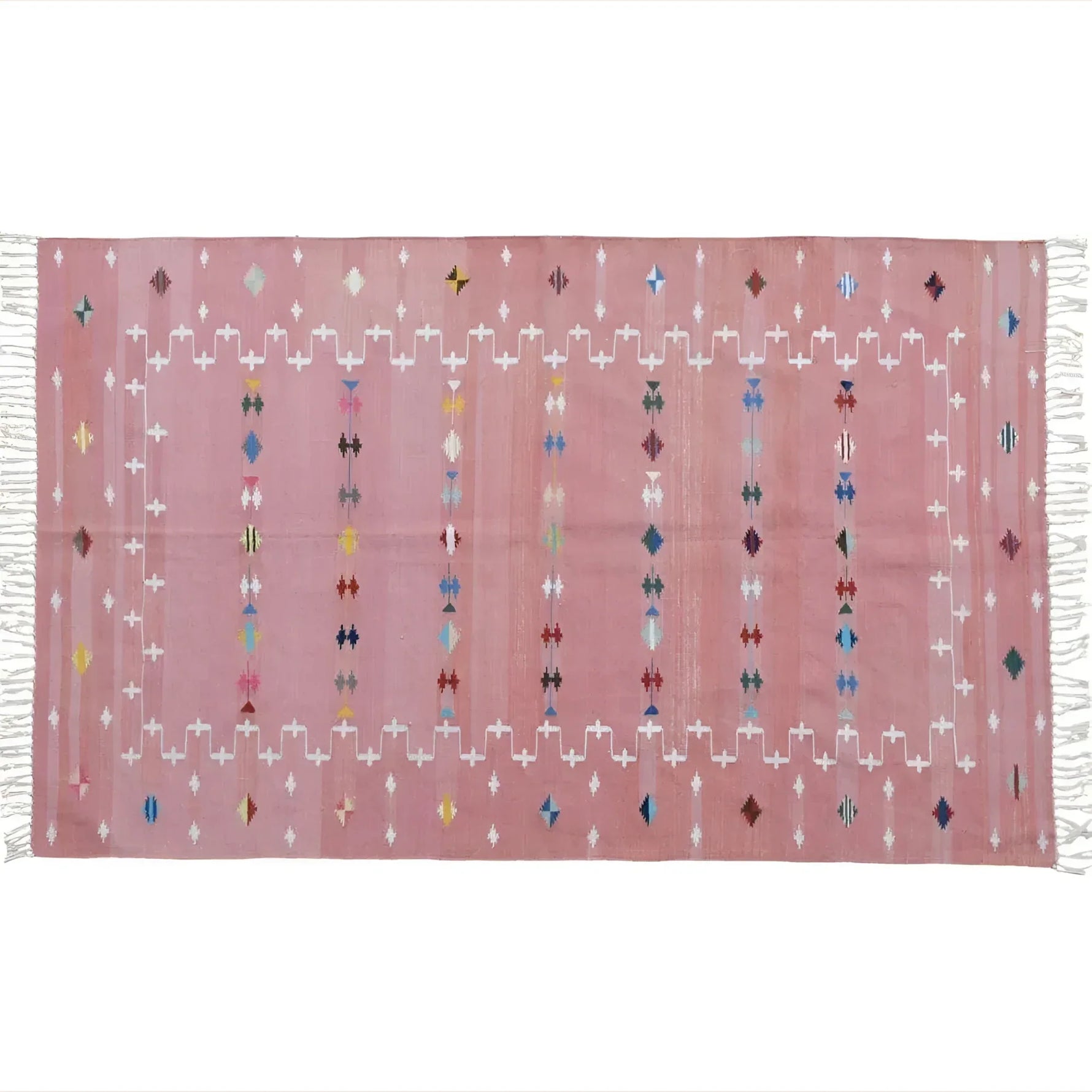 Natural Vegetable Dyed Indian Dhurrie Reversible Cotton Rug - Blush Galaxy