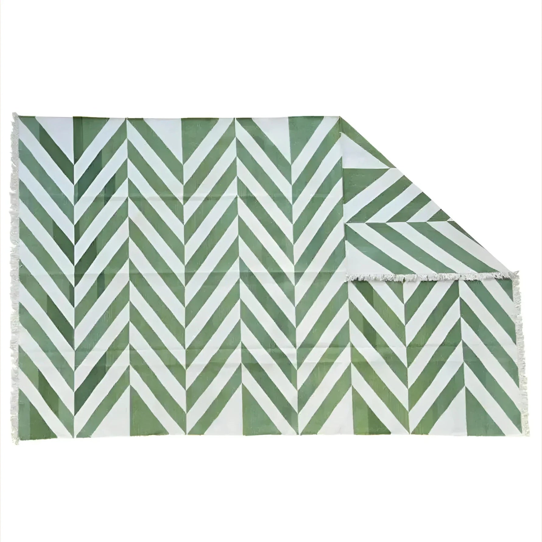 Natural Vegetable Dyed Indian Dhurrie Reversible Cotton Rug - Chevron Green