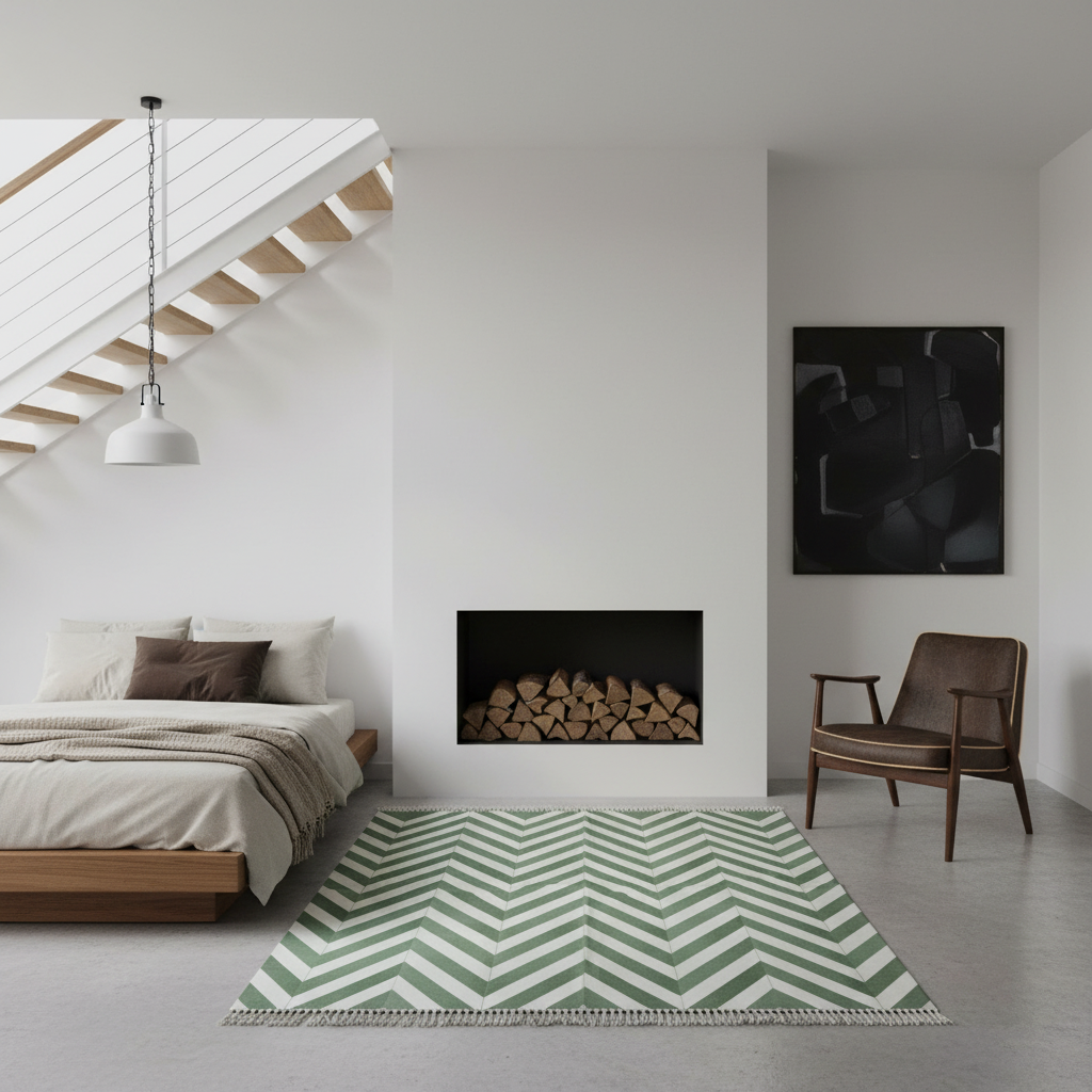 Alfombra de algodón Dhurrie india reversible teñida con vegetales naturales - Chevron verde