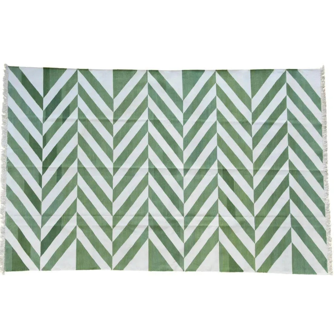 Natural Vegetable Dyed Indian Dhurrie Reversible Cotton Rug - Chevron Green