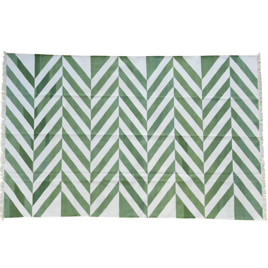 Natural Vegetable Dyed Indian Dhurrie Reversible Cotton Rug - Chevron Green Natural Vegetable Dyed Indian Dhurrie Reversible Cotton Rug - Chevron Green 