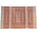 Top view of a Natural Vegetable Dyed Indian Dhurrie Reversible Cotton Rug in clay color, featuring a striped pattern. This boho area rug is ideal for adding warmth to a living room. Perfect as an 8x10 living room rug or for any space seeking a touch of natural elegance.
