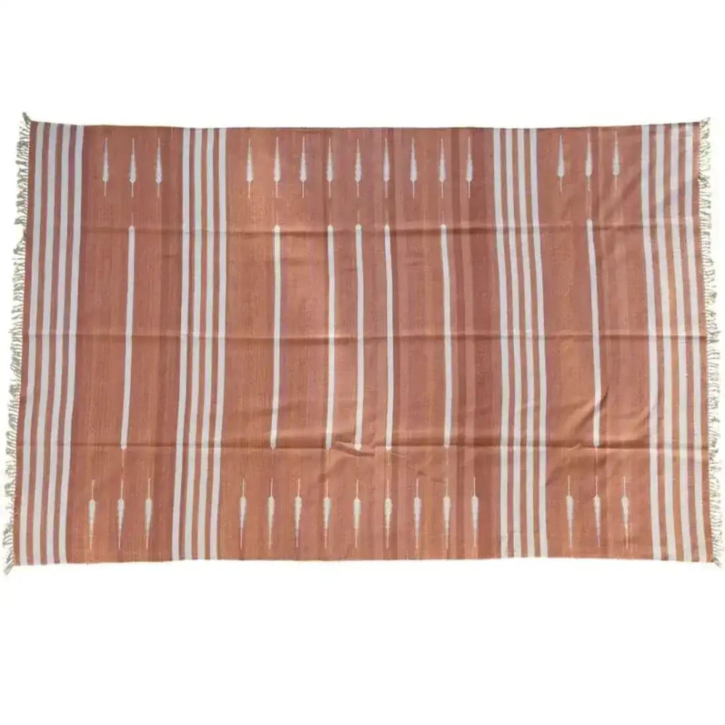 Top view of a Natural Vegetable Dyed Indian Dhurrie Reversible Cotton Rug in clay color, featuring a striped pattern. This boho area rug is ideal for adding warmth to a living room. Perfect as an 8x10 living room rug or for any space seeking a touch of natural elegance.
