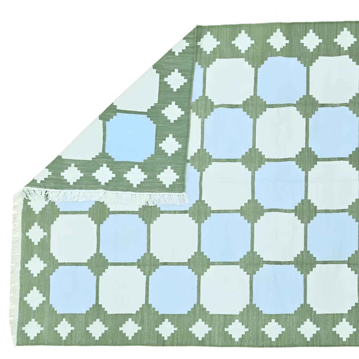 Natural Vegetable Dyed Indian Dhurrie Reversible Cotton Rug - Diamond Green