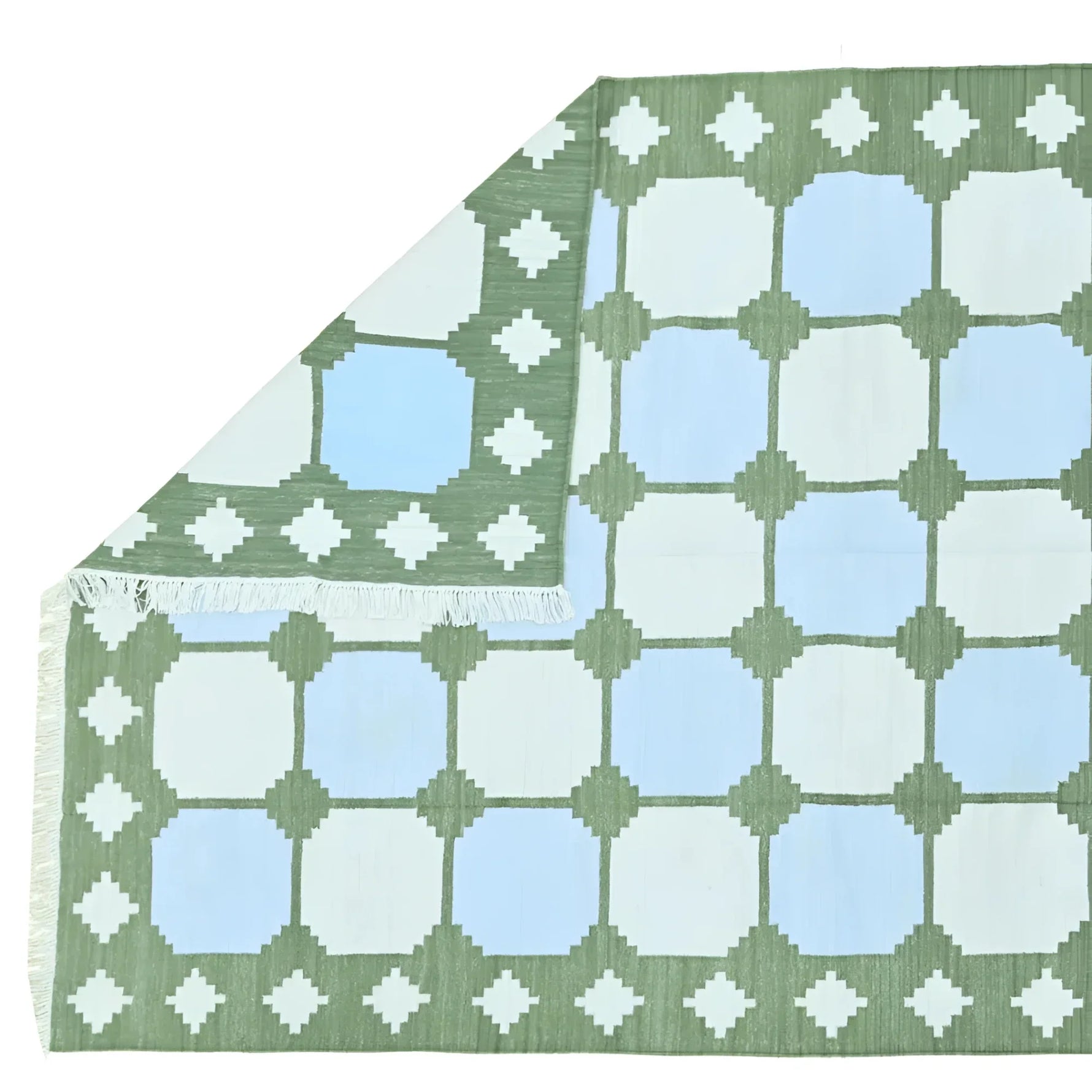 Natural Vegetable Dyed Indian Dhurrie Reversible Cotton Rug - Diamond Green