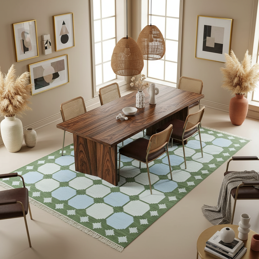 Natural Vegetable Dyed Indian Dhurrie Reversible Cotton Rug - Diamond Green