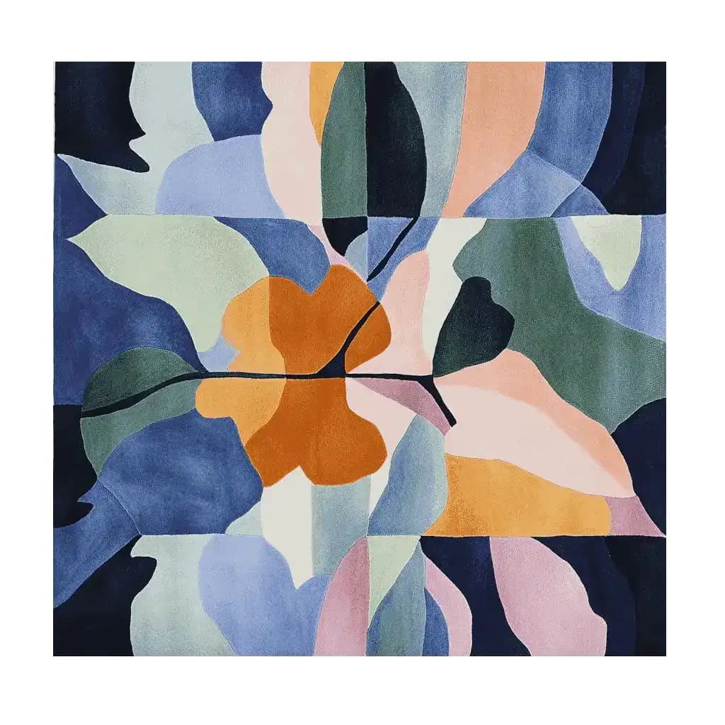 This stunning area rug features an abstract design with a mix of vibrant colors like orange, blue, and green, forming a contemporary art piece. Perfect as a square area rug, it's ideal for adding a touch of modern elegance to living rooms. Crafted from wool, this 8x10 rug not only enhances your decor but also provides a soft, luxurious feel underfoot.