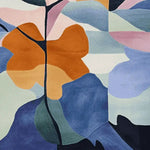 This contemporary area rug features an abstract design with bold geometric shapes in shades of orange, blue, pink, and green. Perfect for adding a pop of color to living room spaces, this square area rug measures 8x10 and is crafted from high-quality wool, making it both stylish and durable.