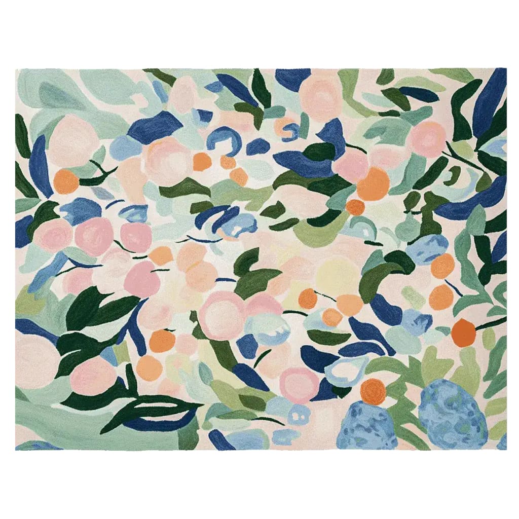 This vibrant area rug showcases a contemporary abstract pattern with colorful botanical shapes. Made from high-quality wool, it's perfect for adding a splash of color to any living room.