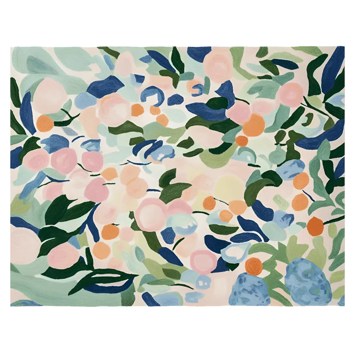 This vibrant area rug showcases a contemporary abstract pattern with colorful botanical shapes. Made from high-quality wool, it's perfect for adding a splash of color to any living room.