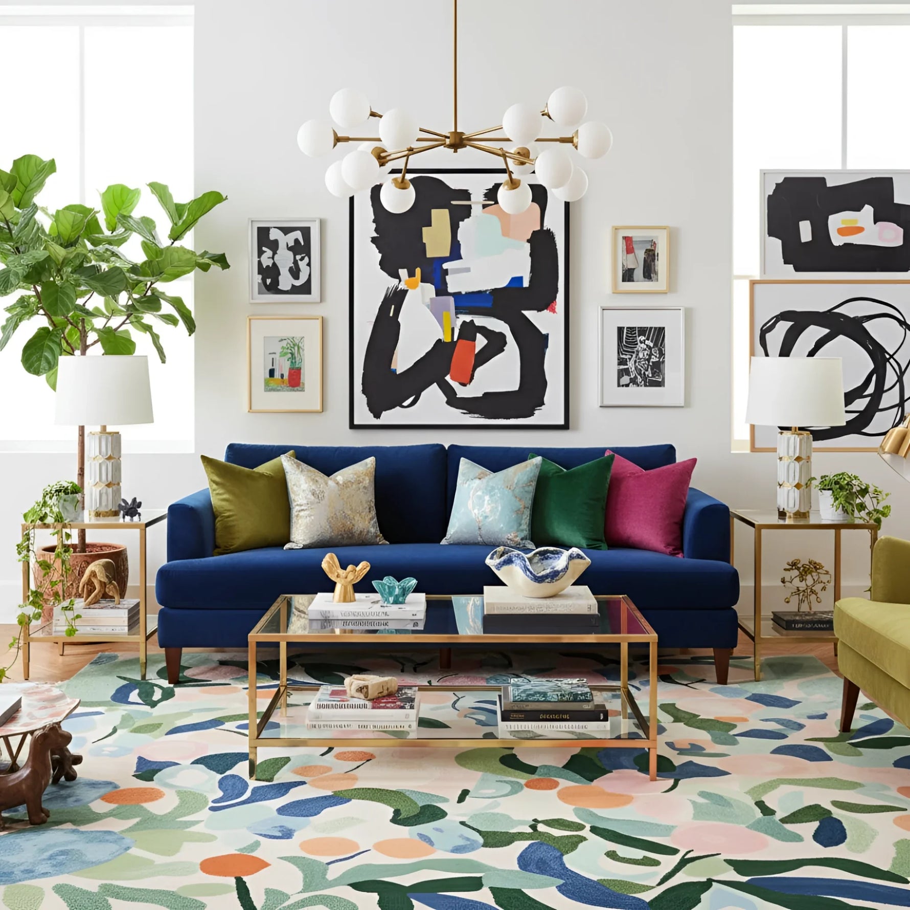 Modern living room with a blue sofa, colorful rug, and abstract art.