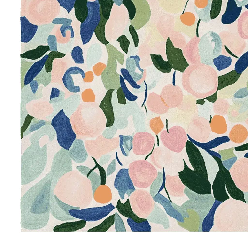 A vibrant and artistic area rug featuring a contemporary abstract floral design. This hand-tufted wool rug displays a mix of soft pinks, greens, blues, and oranges, making it an ideal choice for adding a splash of color to a living room. Perfect for those seeking a contemporary rug to enhance their home decor.