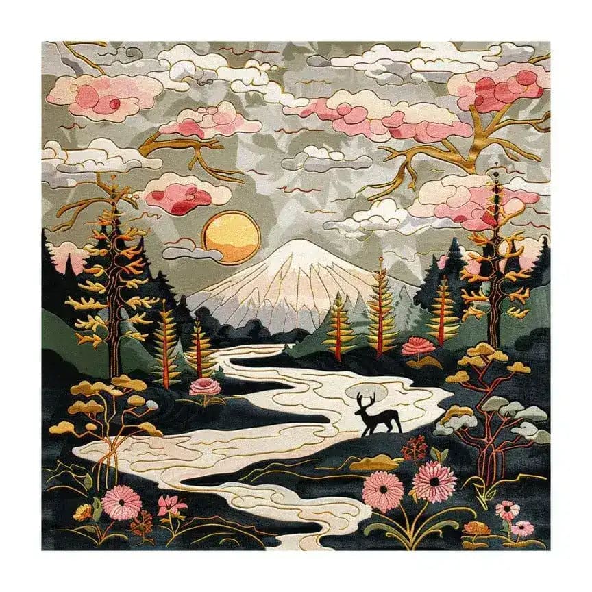 Nature's Canvas Hand Tufted Rug featuring a beautiful landscape design with a serene mountain scene, a flowing river, and vibrant floral patterns. This square area rug is perfect for adding a touch of nature to your living room. The 8x10 wool rug showcases an intricate mix of colors and textures, making it an ideal choice for those seeking unique floral rugs for living room decor.