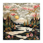 Nature's Canvas Hand Tufted Rug featuring a beautiful landscape design with a serene mountain scene, a flowing river, and vibrant floral patterns. This square area rug is perfect for adding a touch of nature to your living room. The 8x10 wool rug showcases an intricate mix of colors and textures, making it an ideal choice for those seeking unique floral rugs for living room decor.