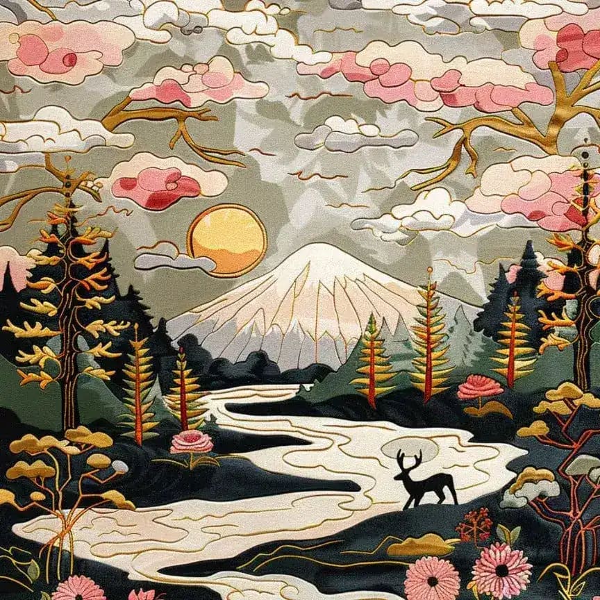 This stunning area rug, titled 'Nature's Canvas Hand Tufted Rug', features a vibrant landscape design with a majestic mountain, lush forest, and a serene river. Perfect as a square area rug in a living room setting, this 8x10 wool rug brings a touch of nature indoors with its intricate floral patterns and rich colors. Ideal for those seeking living room rugs that combine beauty and functionality.