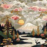 A beautifully hand-tufted area rug depicting a serene nature scene with a mountain, flowing river, and vibrant floral patterns. Perfect as a square area rug for living rooms, this 8x10 wool rug adds a touch of elegance with its intricate floral design, ideal for anyone looking for stylish rugs for their living room.