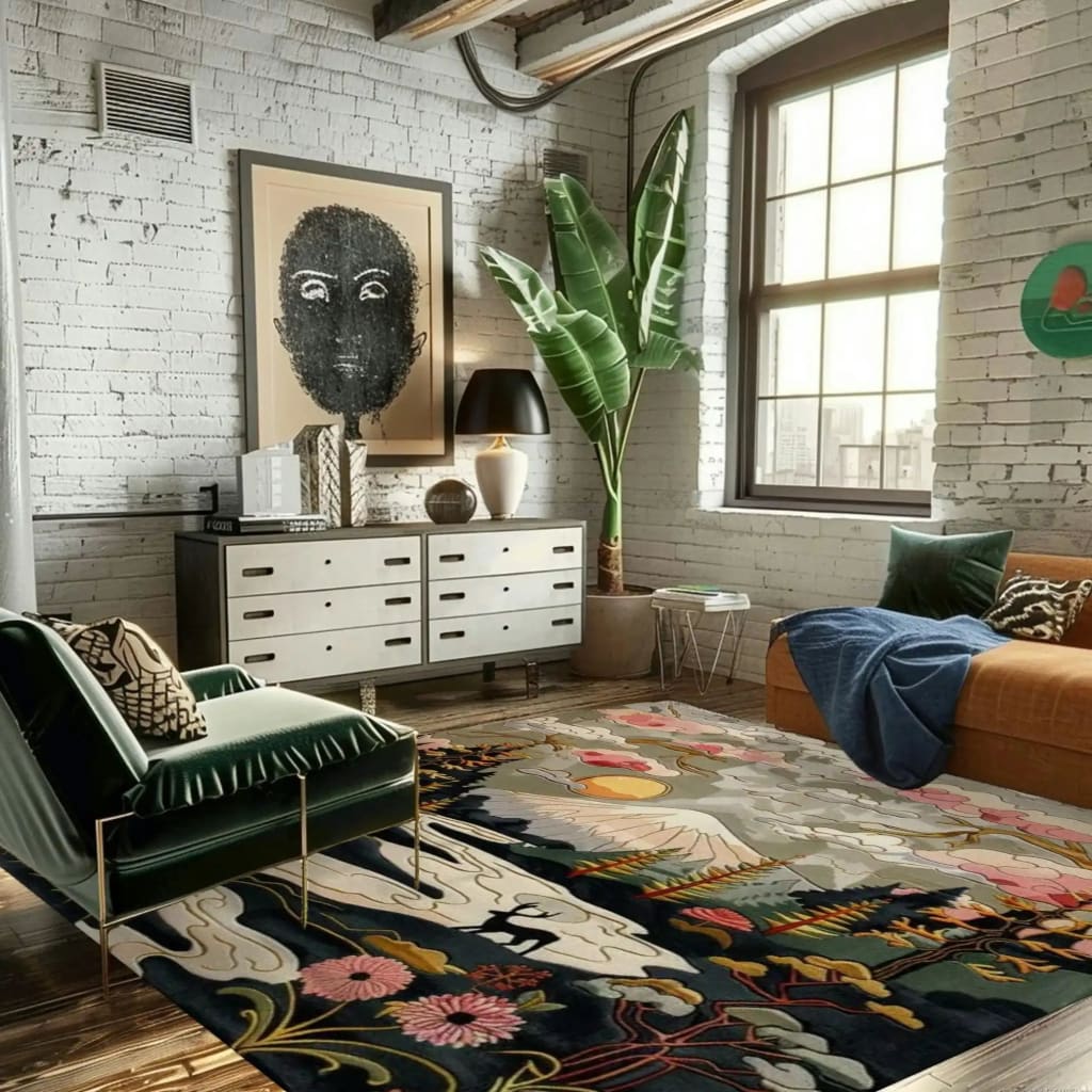 A stylish living room featuring a Nature's Canvas hand-tufted wool rug with a vibrant floral design. This square area rug enhances the cozy ambiance, complementing the modern decor with its colorful patterns. Ideal for those seeking eye-catching living room rugs 8x10, perfect for any contemporary space.