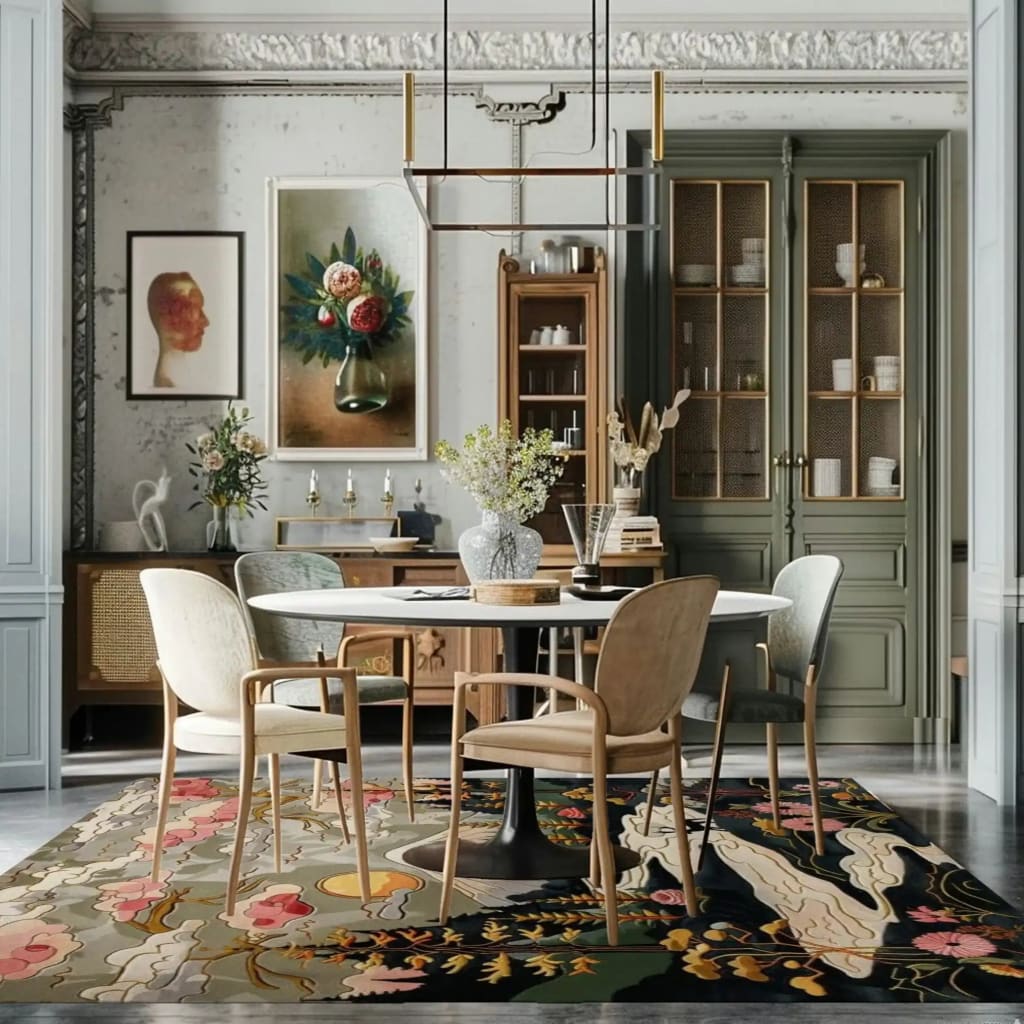 A beautifully designed square area rug featuring a vibrant floral pattern, perfect for enhancing the elegance of a living room. The wool rug is displayed beneath a modern dining table set, highlighting its rich colors and intricate design. This 8x10 rug adds warmth and style to the space, making it an ideal choice for those seeking unique living room rugs.