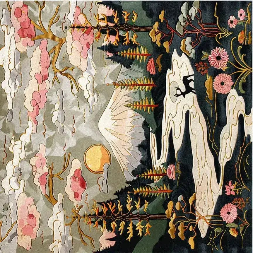 Vibrant hand-tufted area rug featuring a nature-inspired design with floral patterns, trees, and abstract shapes, perfect for adding a touch of elegance to a living room. This square area rug measures 8x10 and is crafted from soft wool, making it an ideal choice for living room rugs. The intricate details and harmonious color palette make this floral rug a standout piece among rugs for living room spaces.