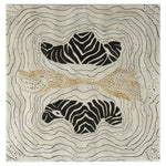 Top view of Nature's Canvas Hand Tufted Wool Rug showcasing a striking abstract design with bold black and white zebra-like patterns and golden accents. This area rug is a perfect contemporary rug choice, crafted from high-quality wool, ideal for adding an artistic touch to any living room setting.