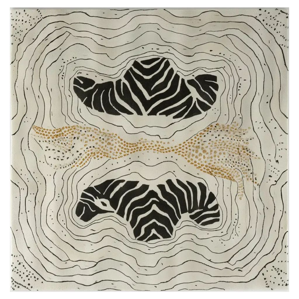 Top view of Nature's Canvas Hand Tufted Wool Rug showcasing a striking abstract design with bold black and white zebra-like patterns and golden accents. This area rug is a perfect contemporary rug choice, crafted from high-quality wool, ideal for adding an artistic touch to any living room setting.