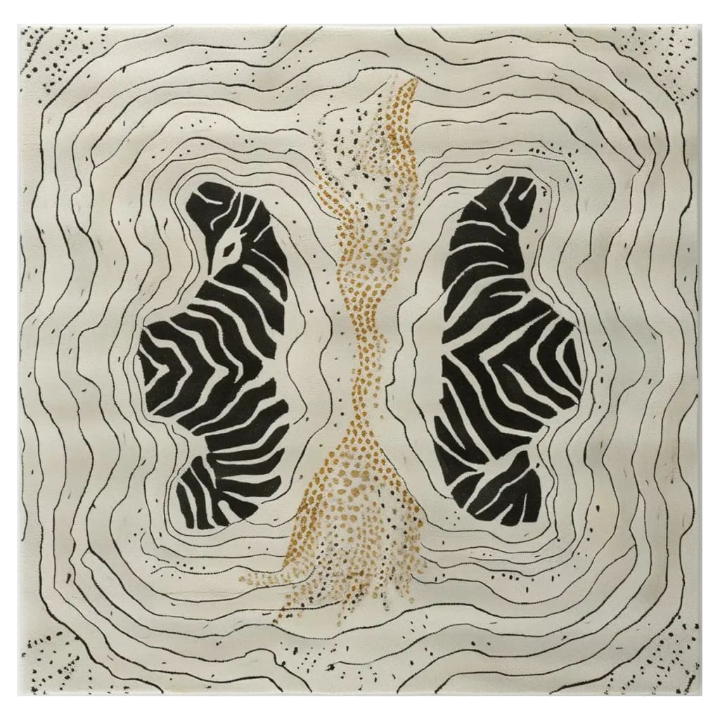 Area rug with a contemporary design featuring an abstract pattern resembling zebra stripes and flowing lines in black and beige tones. This hand tufted wool rug adds a touch of modern elegance to any living room, ideal for those seeking unique area rugs for living room decor.