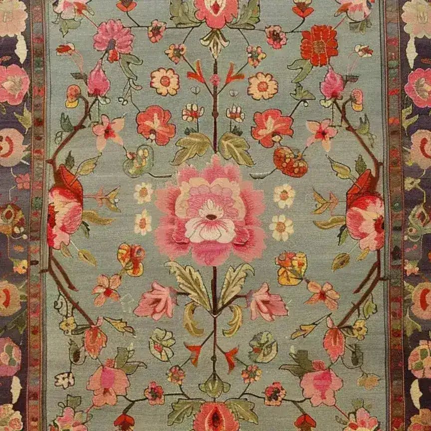 A beautifully detailed floral rug showcasing vibrant pink and red flowers on a soft blue background. This hand-knotted area rug, perfect for enhancing living room decor, exudes the timeless elegance and intricate design typical of Persian rugs. An ideal choice for those seeking exquisite living room area rugs.
