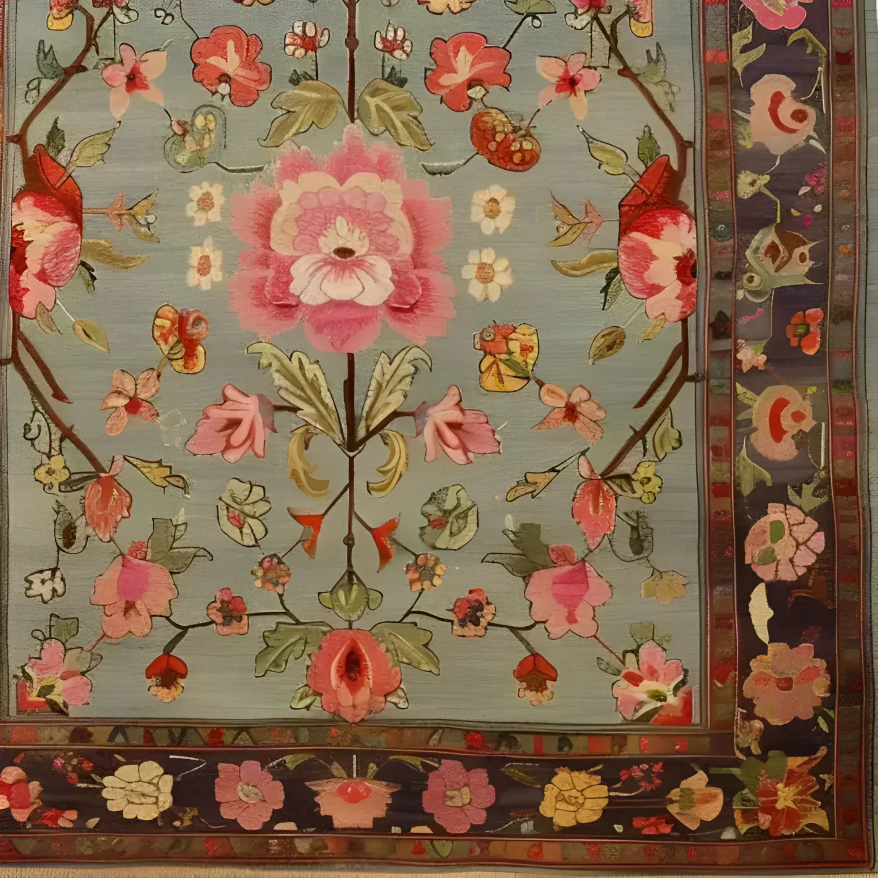 This exquisite Nature's Elegance Hand Knotted Area Rug features an intricate floral design, perfect for enhancing living room spaces. The Persian-style rug showcases vibrant pink and red blossoms against a subtle blue background, bordered by detailed floral patterns, making it an ideal choice for those seeking elegant living room area rugs.